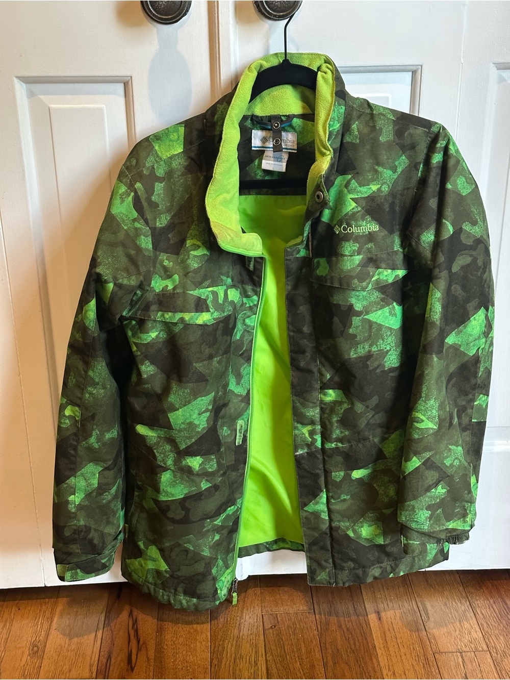 Columbia Kids Green Camouflage Rain Jacket with Lime Liner